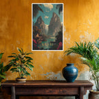 Poster of Krabi on a yellow wall with plants and a vase below