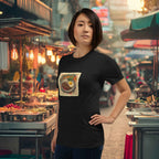 Woman wearing a black t-shirt with a graphic design of 'Krapaow' Thai dish Pad Krapao  in an outdoor market setting.