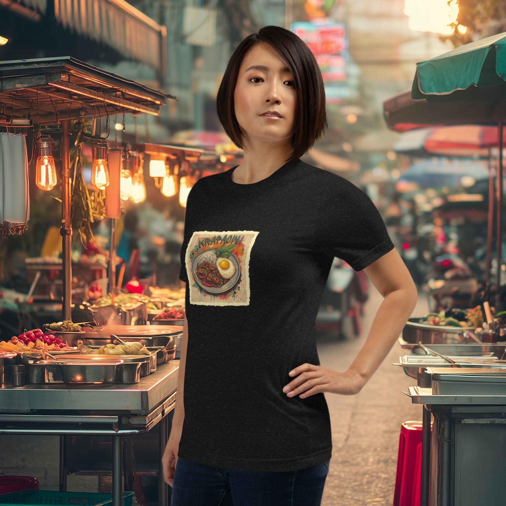 Woman wearing a black t-shirt with a graphic design of 'Krapaow' Thai dish Pad Krapao  in an outdoor market setting.