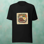 Black t-shirt with a graphic of a plate of food and 'Krapaow!' text on a textured teal background