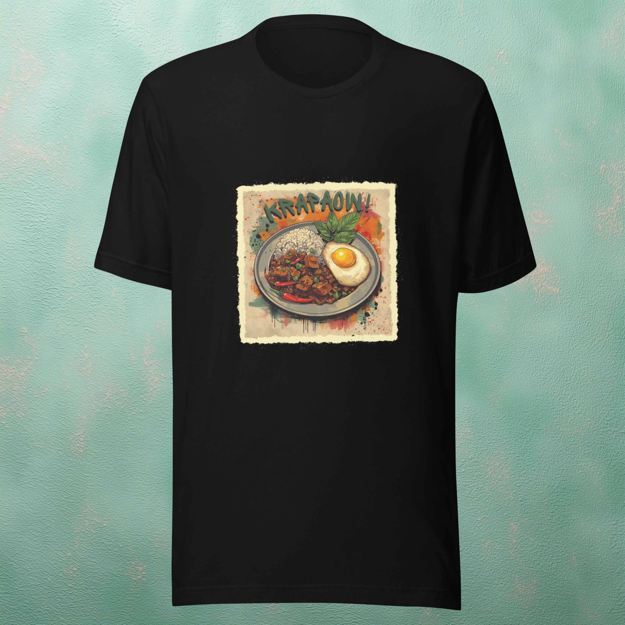 Black t-shirt with a graphic of a plate of food and 'Krapaow!' text on a textured teal background