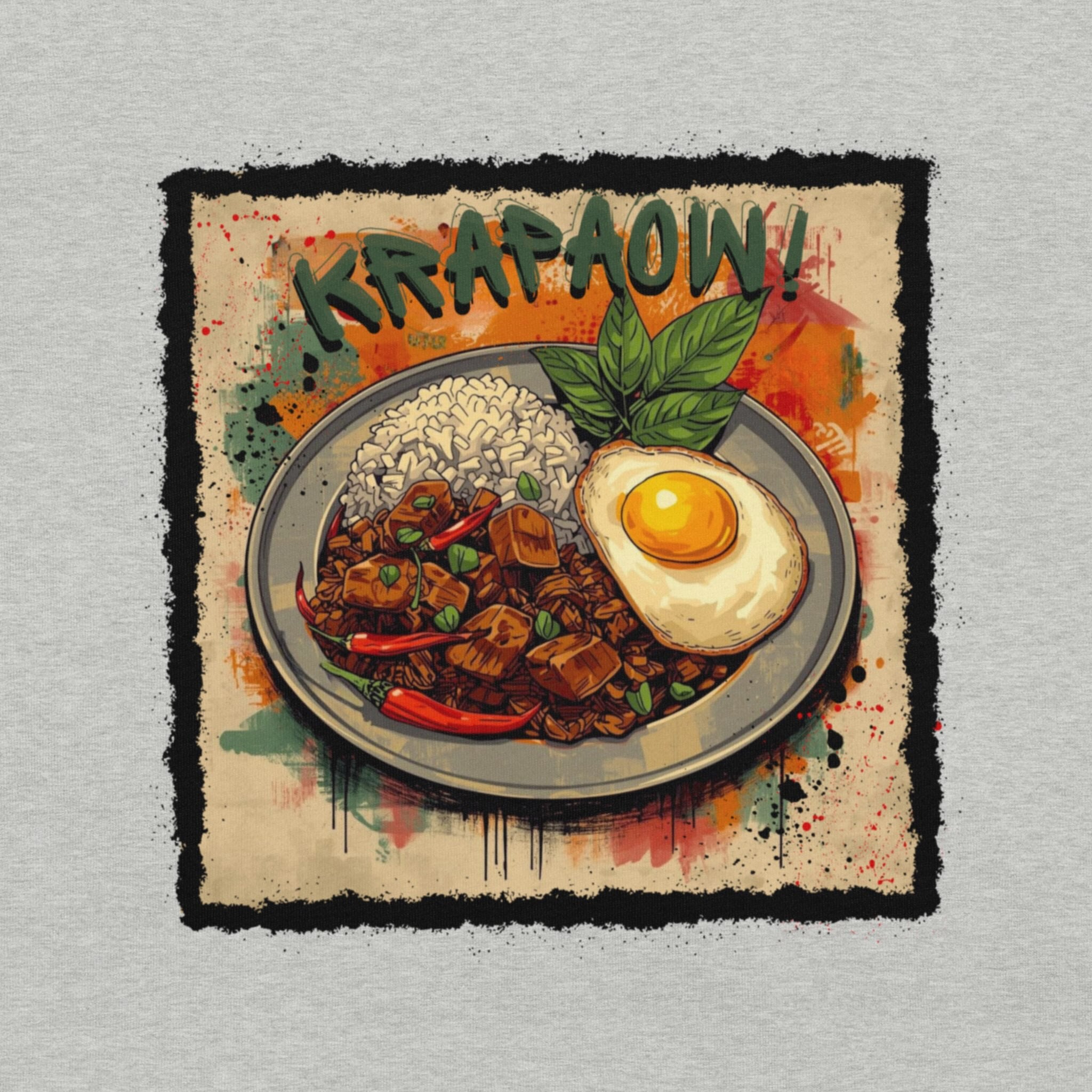 DTG print detail on Krapaow Thai food graphic tee