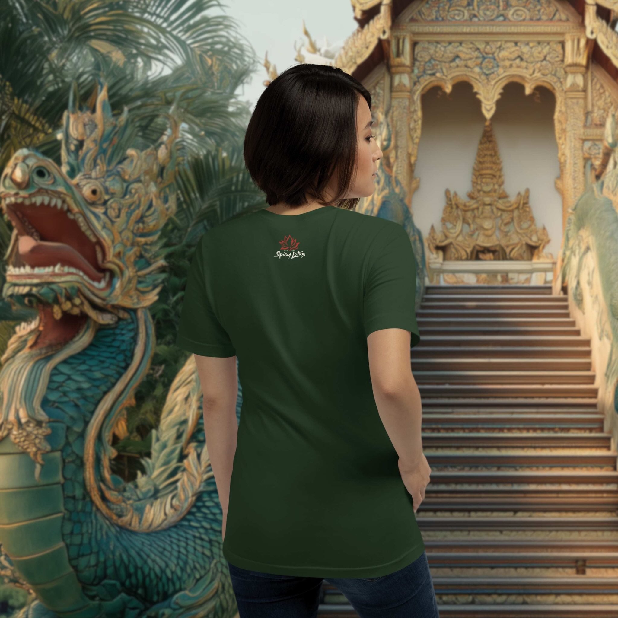 Person wearing a green t-shirt with a logo, standing in front of a temple with a dragon sculpture.