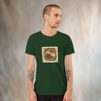 Man wearing a green t-shirt with a graphic design of 'Krapaow' Thai street food Pad Kra Pao graphic on a textured background