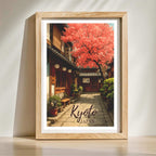 Framed print of a street scene in Kyoto with cherry blossoms.