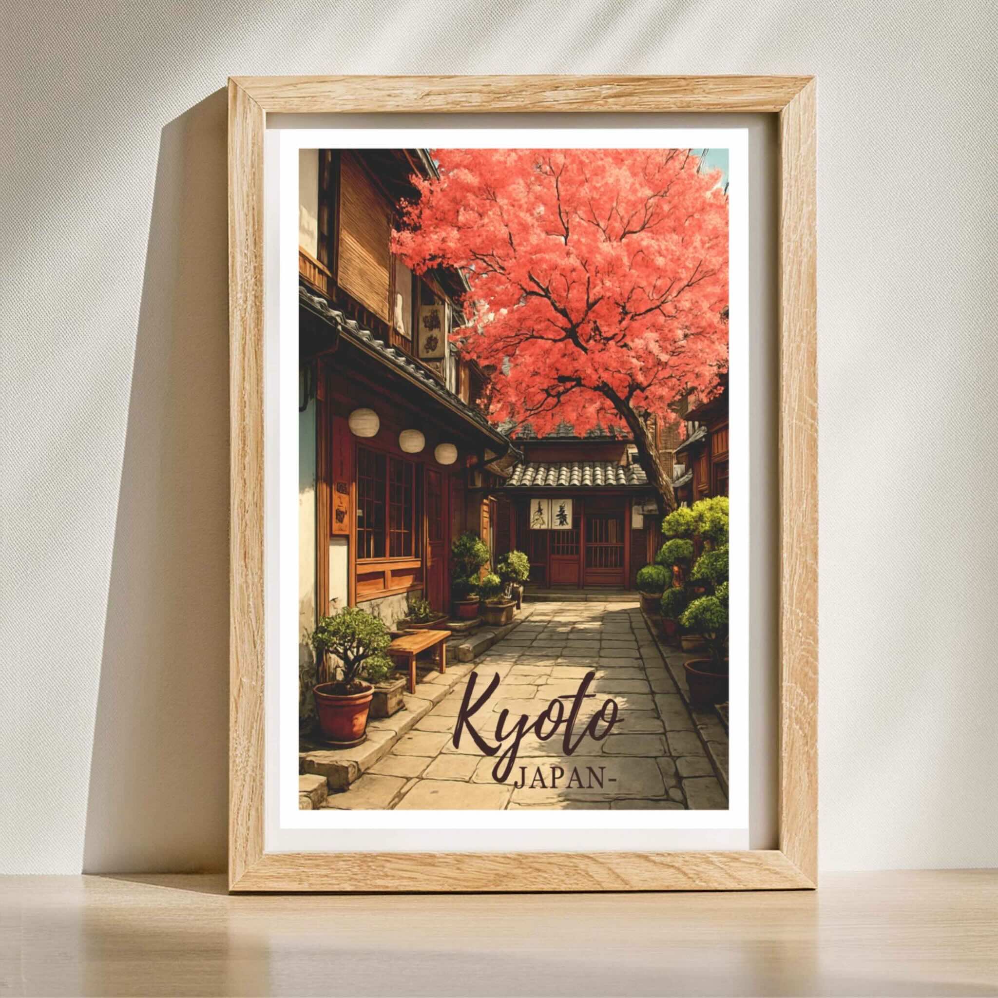Framed print of a street scene in Kyoto with cherry blossoms.