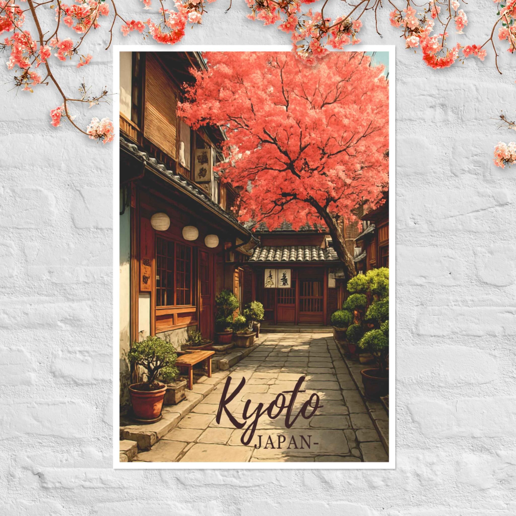Cozy Kyoto street scene poster with traditional wooden houses