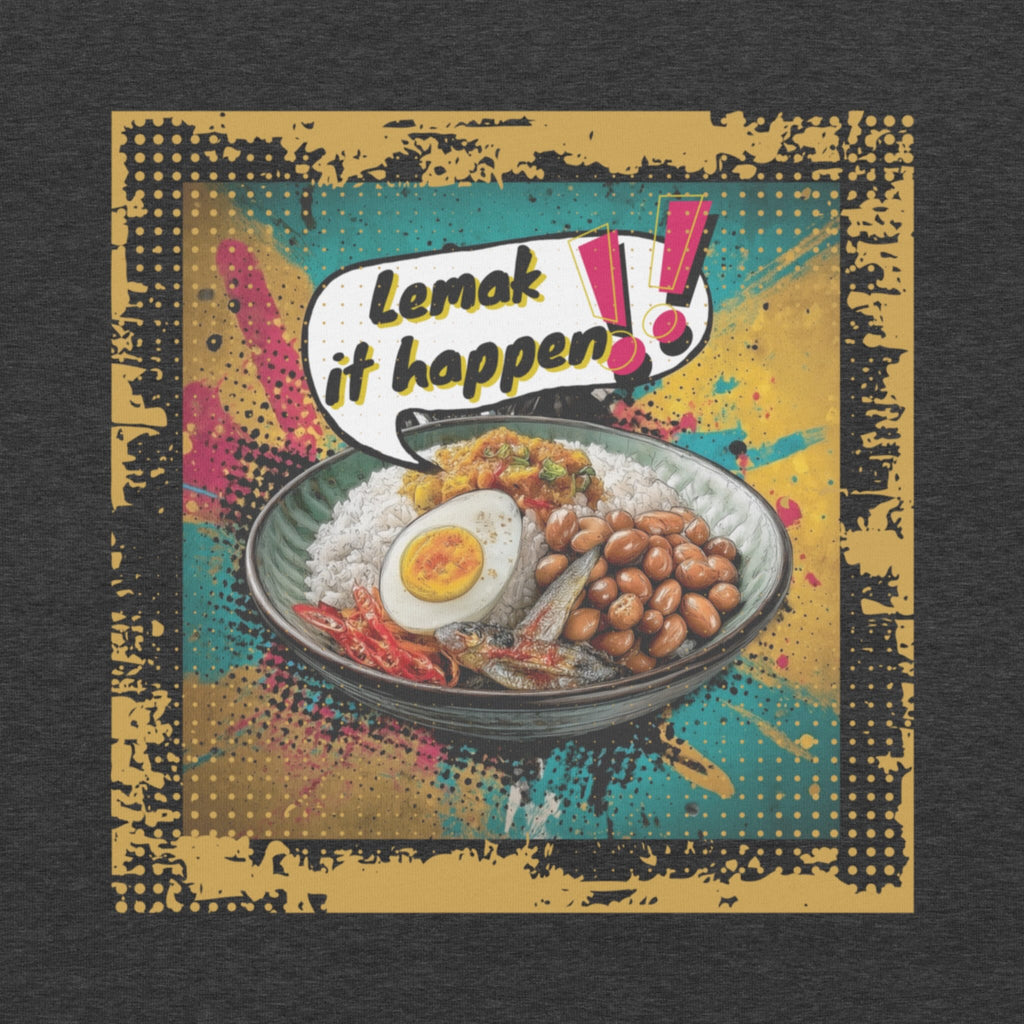 DTG print texture on Lemak It Happen pop art tee