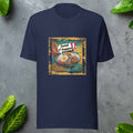 Navy blue t-shirt with a colorful graphic of lemak street food and text on a gray surface