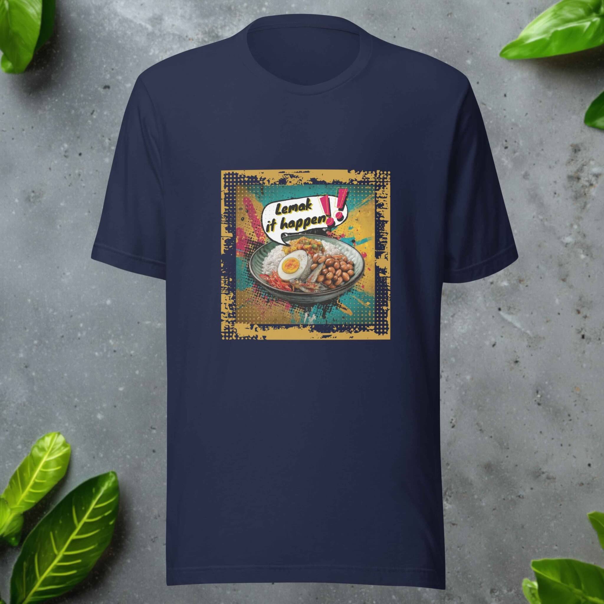 Navy blue t-shirt with a colorful graphic of lemak street food and text on a gray surface