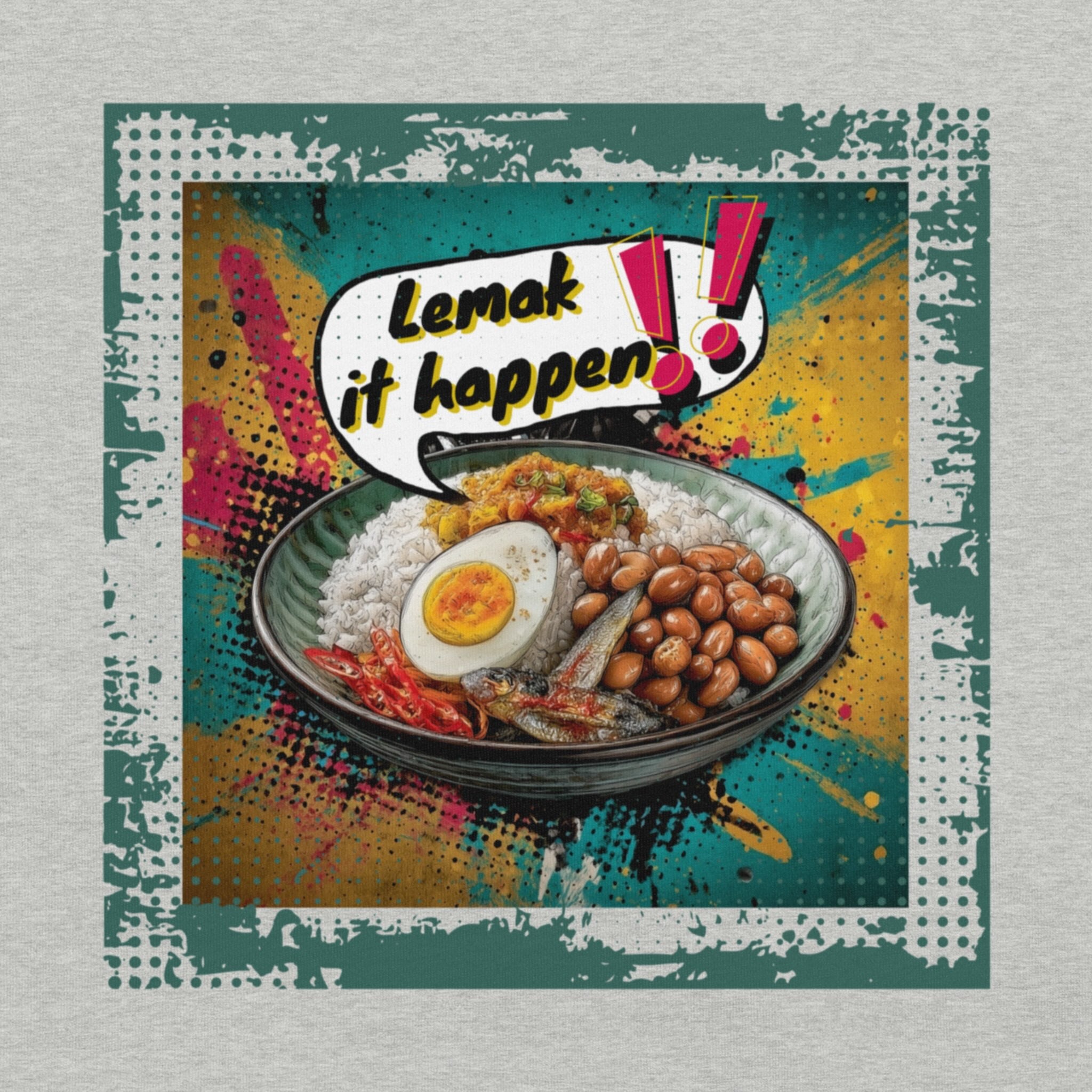 DTG print texture on Lemak It Happen pop art tee