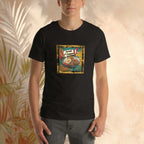 Person wearing a black t-shirt with a colorful graphic design of Nasi Lemak on a neutral background