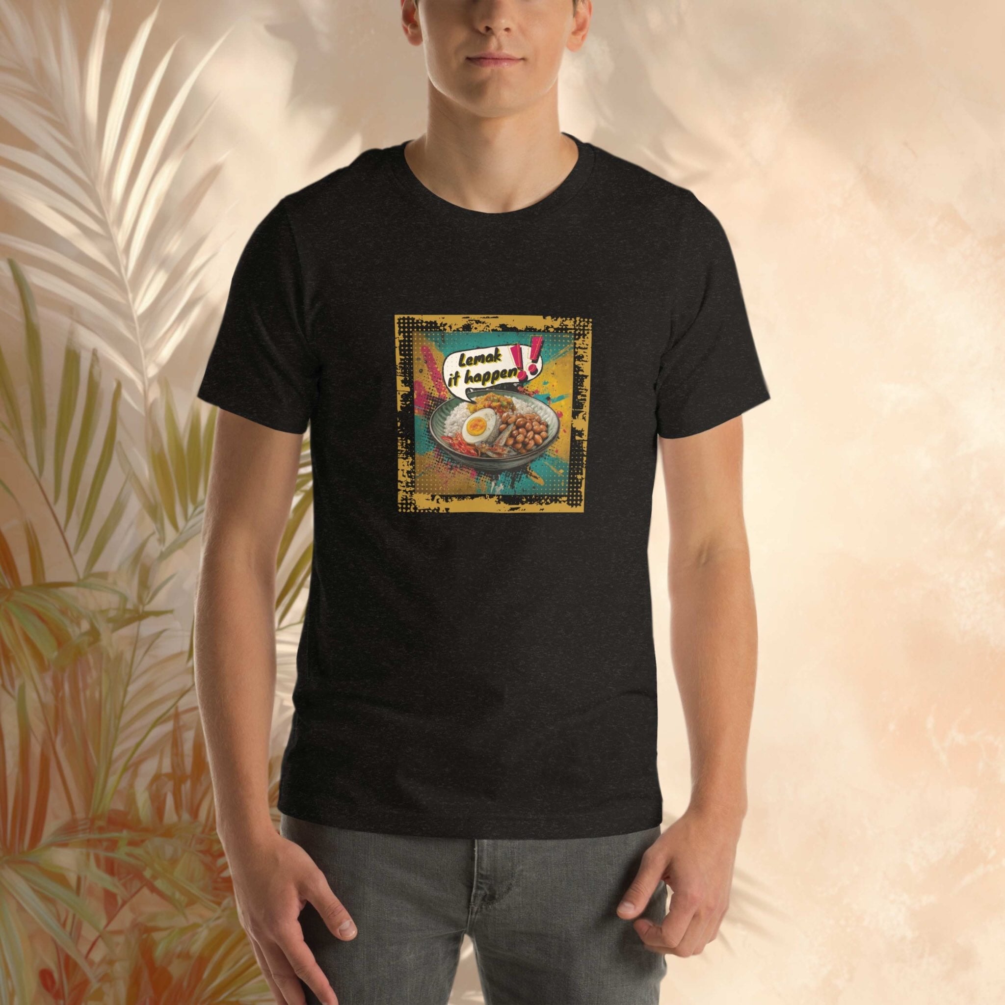 Person wearing a black t-shirt with a colorful graphic design of Nasi Lemak on a neutral background