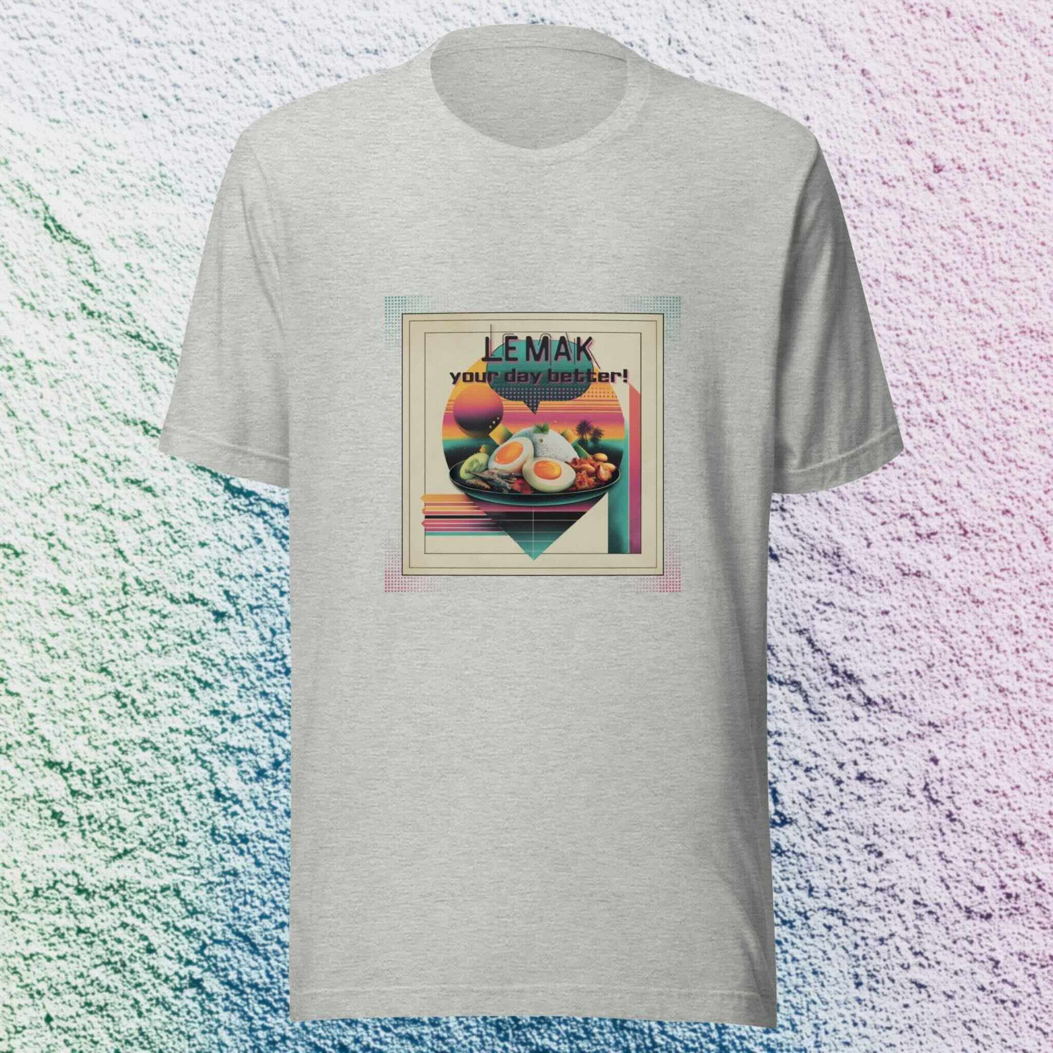 Gray t-shirt with a colorful lemak food graphic design on a textured background