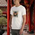 Person wearing a white t-shirt with a colorful graphic design in a japanese outdoor setting with red pillars and plants.