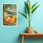 Poster of mango sticky rice on a turquoise wall with a plant and wooden table.