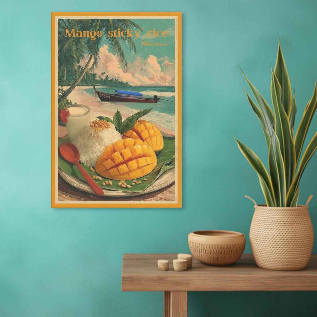 Framed artwork of mango sticky rice on a teal wall with a wooden table and plant.