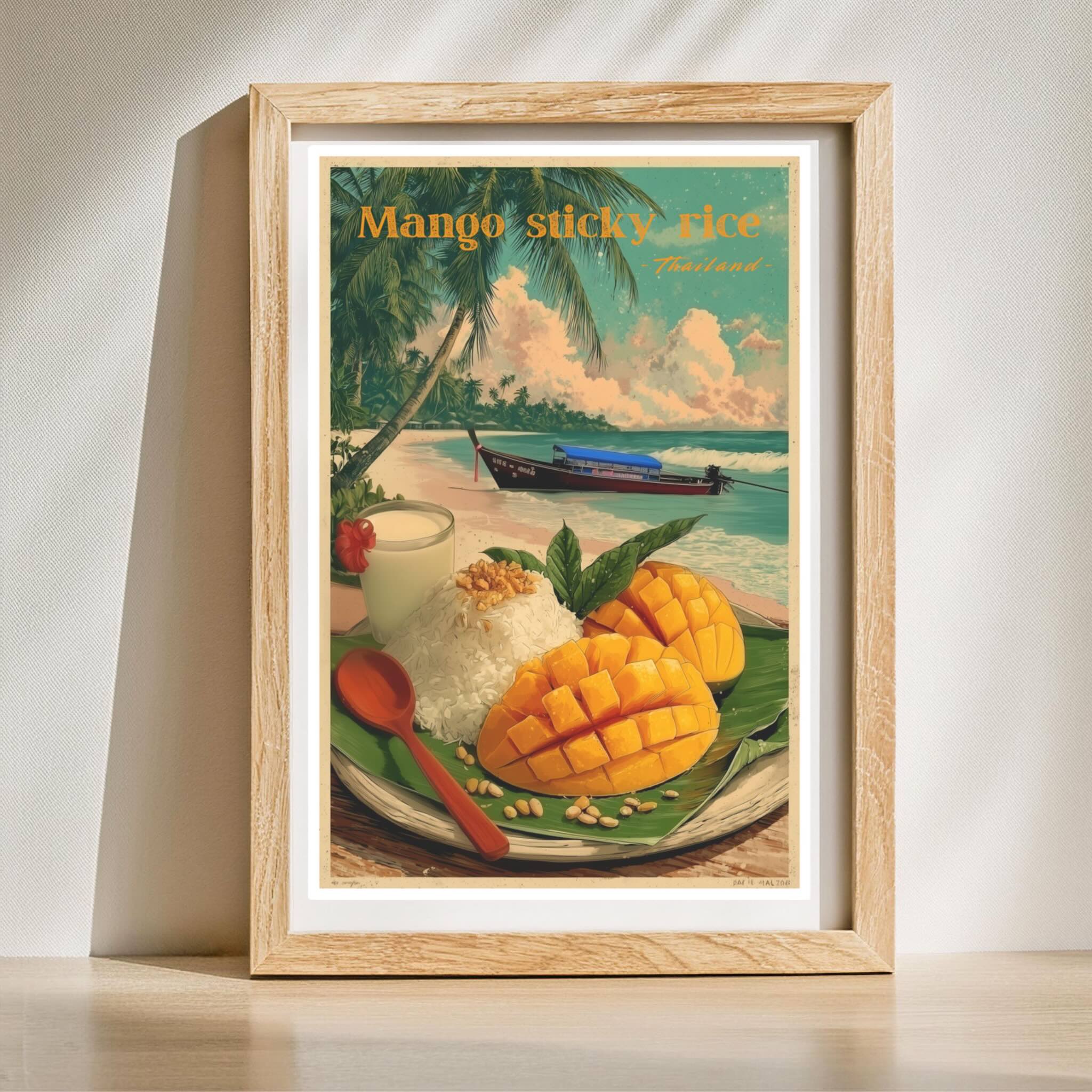 Vintage travel poster style food illustration of Mango sticky rice on thick matte paper in wooden frame