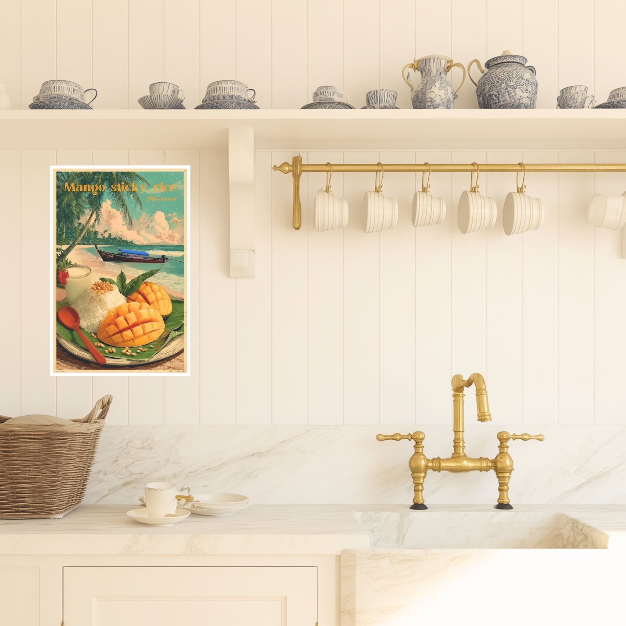 Mango sticky rice wall art in kitchen setup