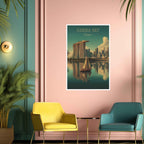 Modern interior with a framed poster of Marina Bay, Singapore on a pink wall.