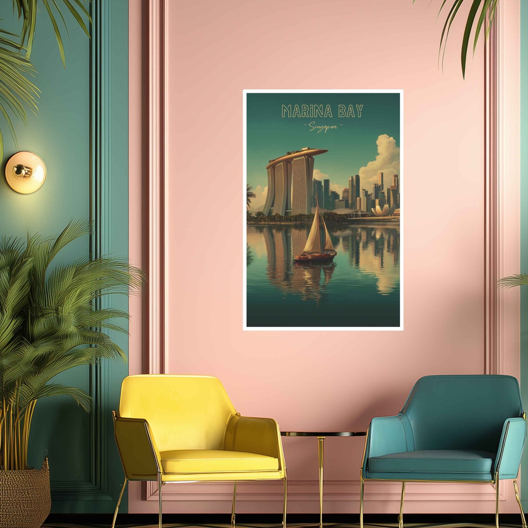 Modern interior with a framed poster of Marina Bay, Singapore on a pink wall.