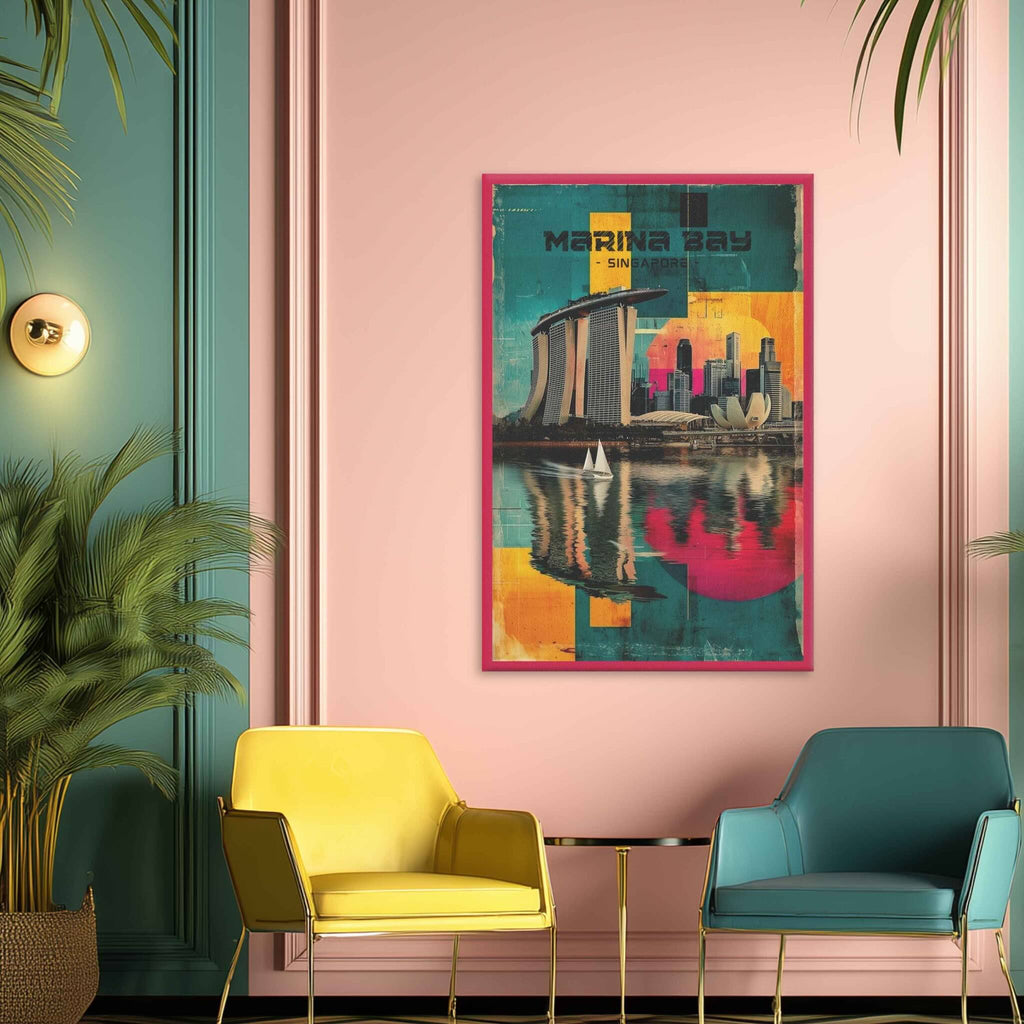 Colorful poster of Marina Bay Sands on a pink wall with two chairs below.