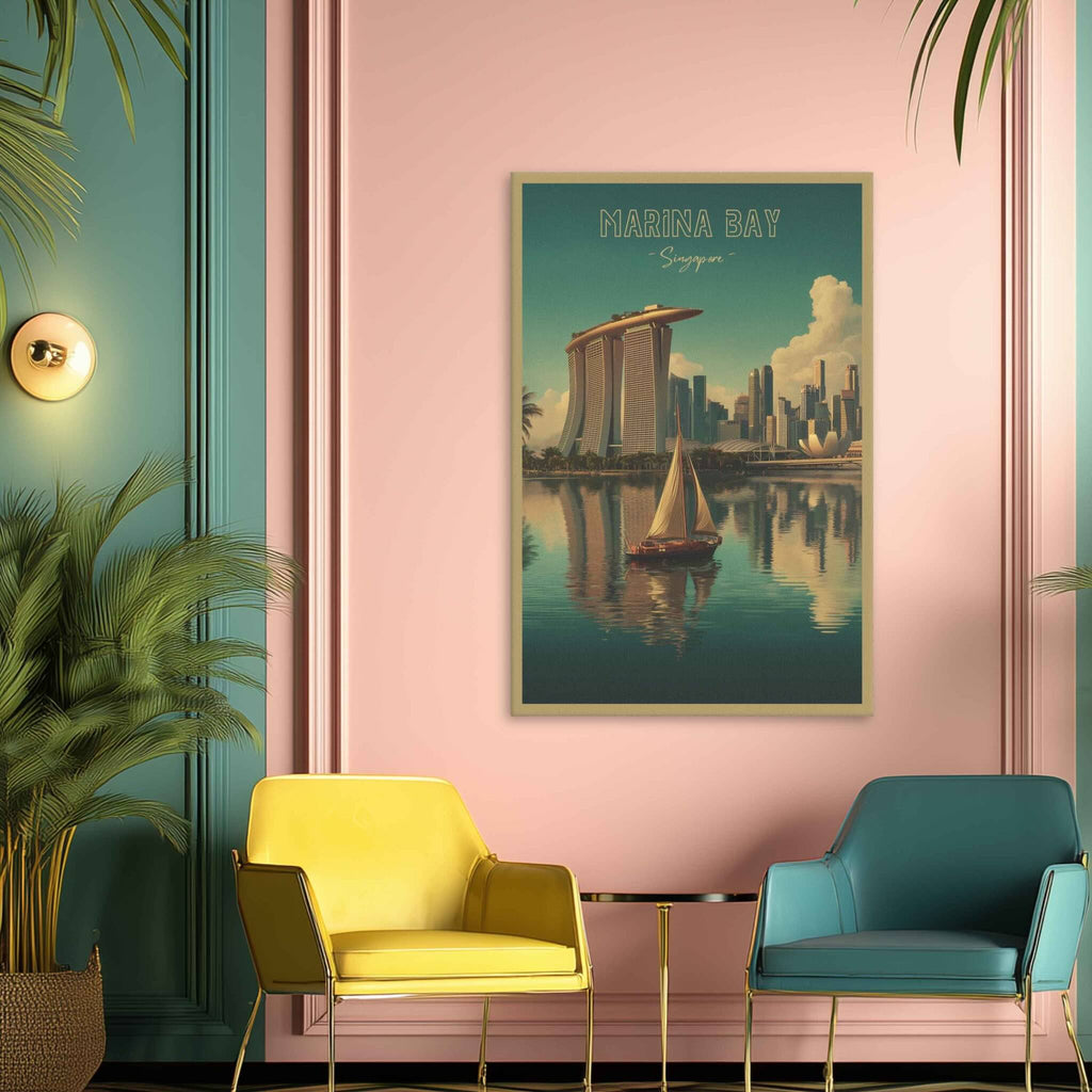 Modern interior with a yellow chair, blue armchair, and framed poster of Marina Bay Sands on a pink wall.