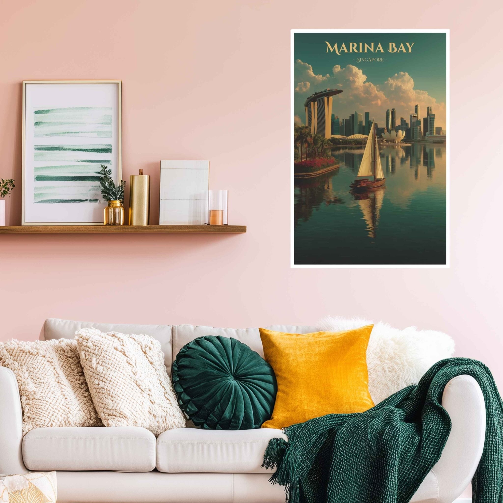Living room with a sofa, cushions, and a wall art print of Marina Bay.