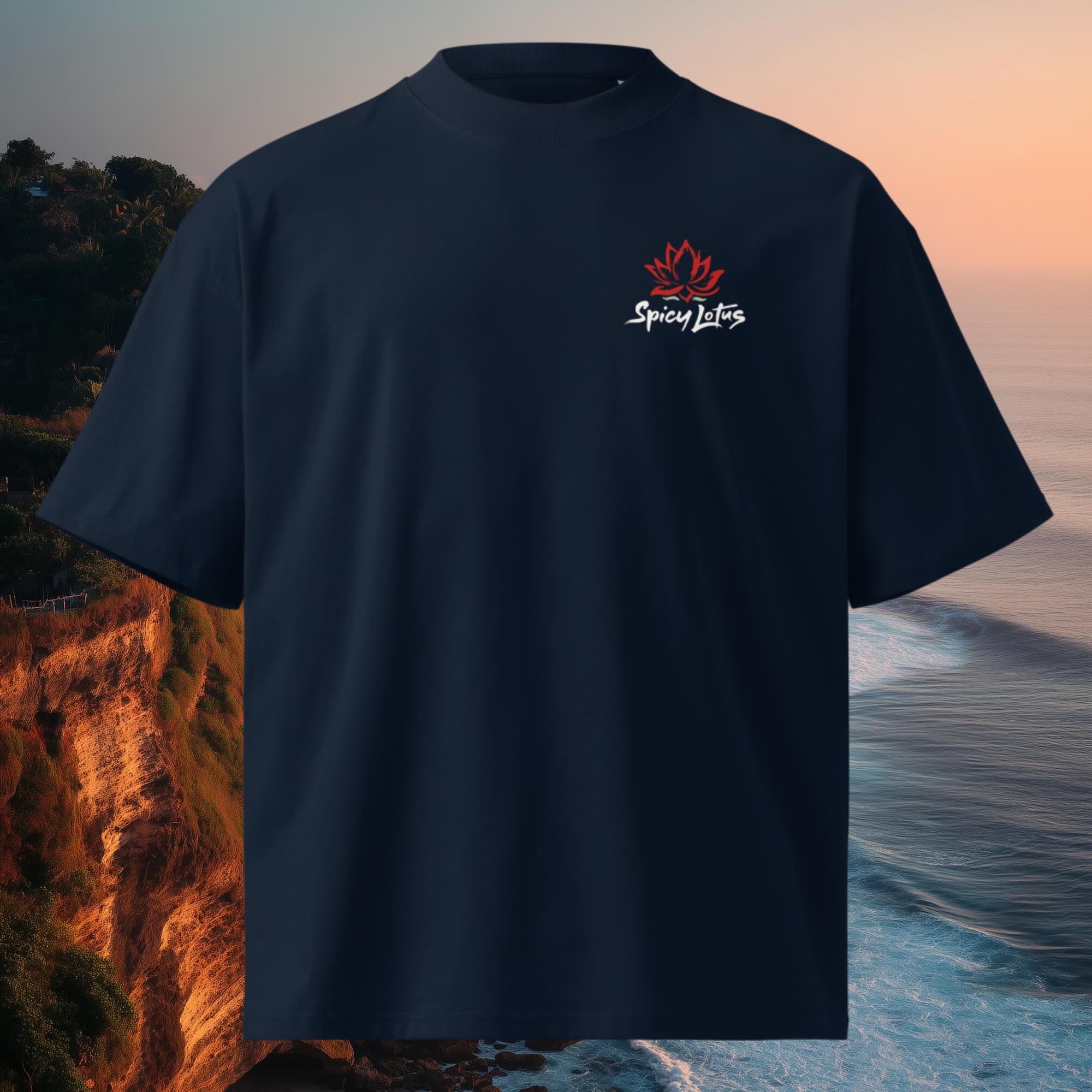 Small front chest logo on Midnight Wave oversized organic tee
