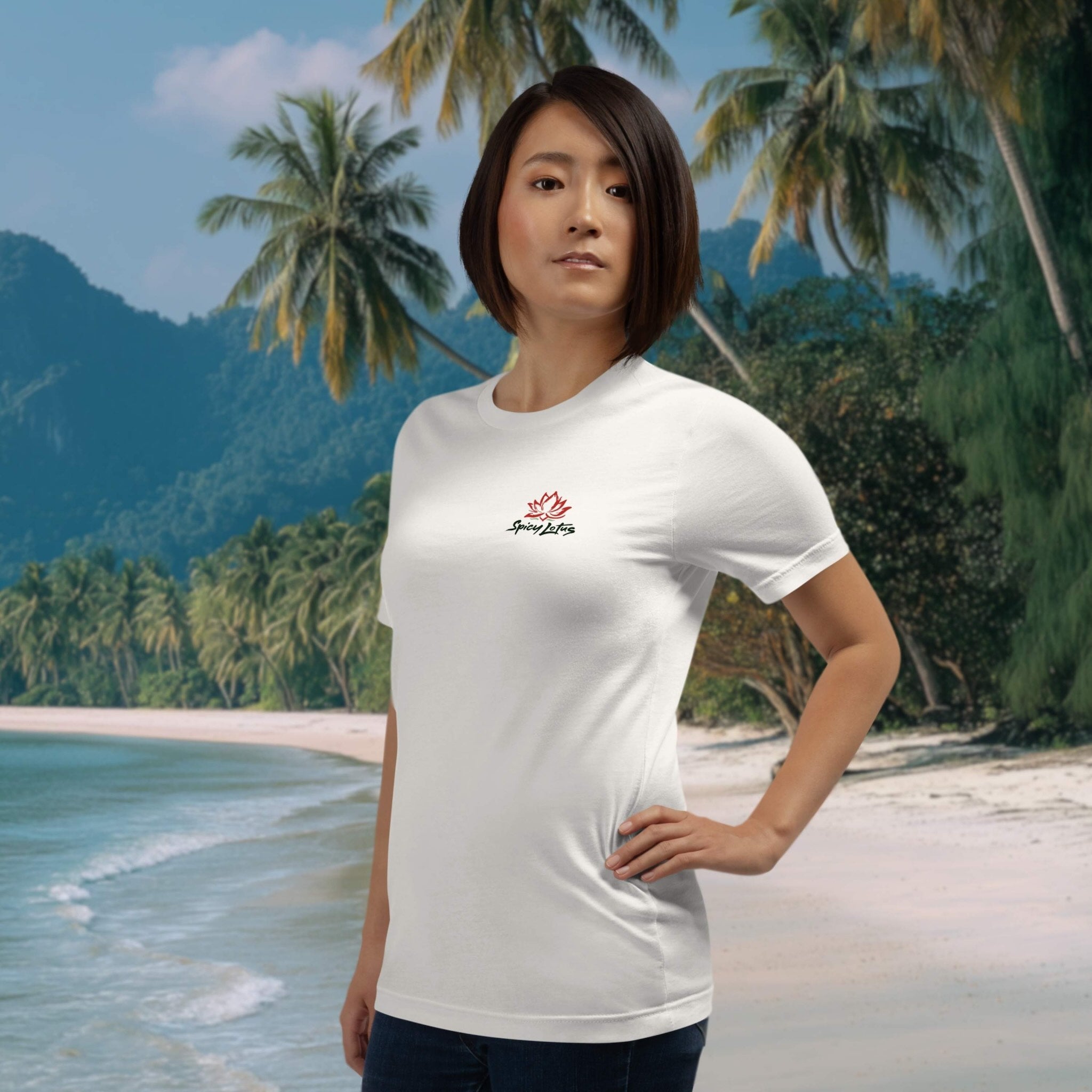 Woman wearing a white t-shirt with a logo on a tropical beach background