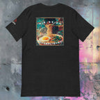 Black t-shirt with a colorful mie graphic on a textured surface