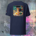 Navy blue t-shirt with a colorful mie graphic on the back against a textured wall.