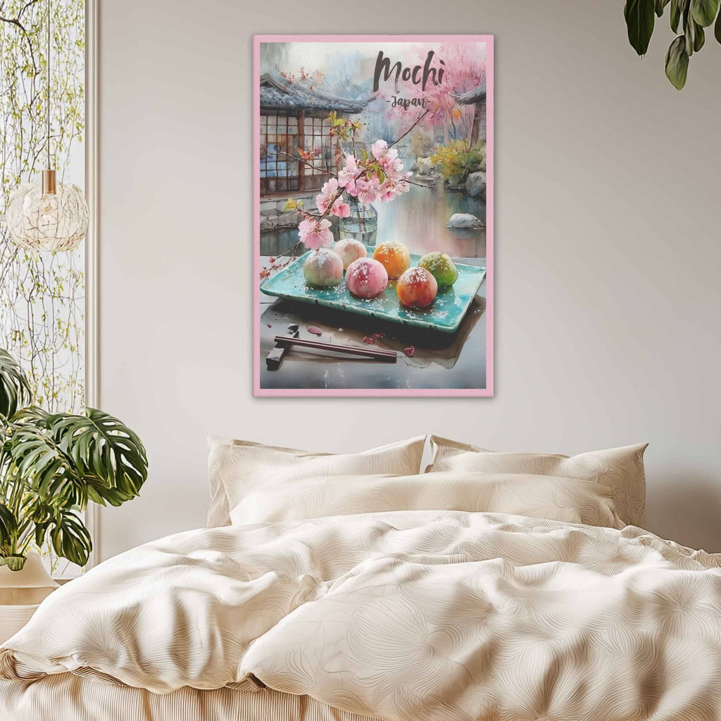 Framed artwork of mochi on a bed with plants and a window in the background