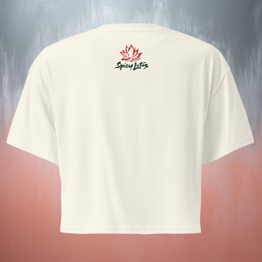 Close-up of small back Logo DTG print on crop top
