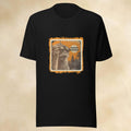 Black t-shirt with a graphic design of a cheeky monkey and text on a beige background