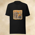 Black t-shirt with a graphic design of a cheeky monkey and text on a beige background