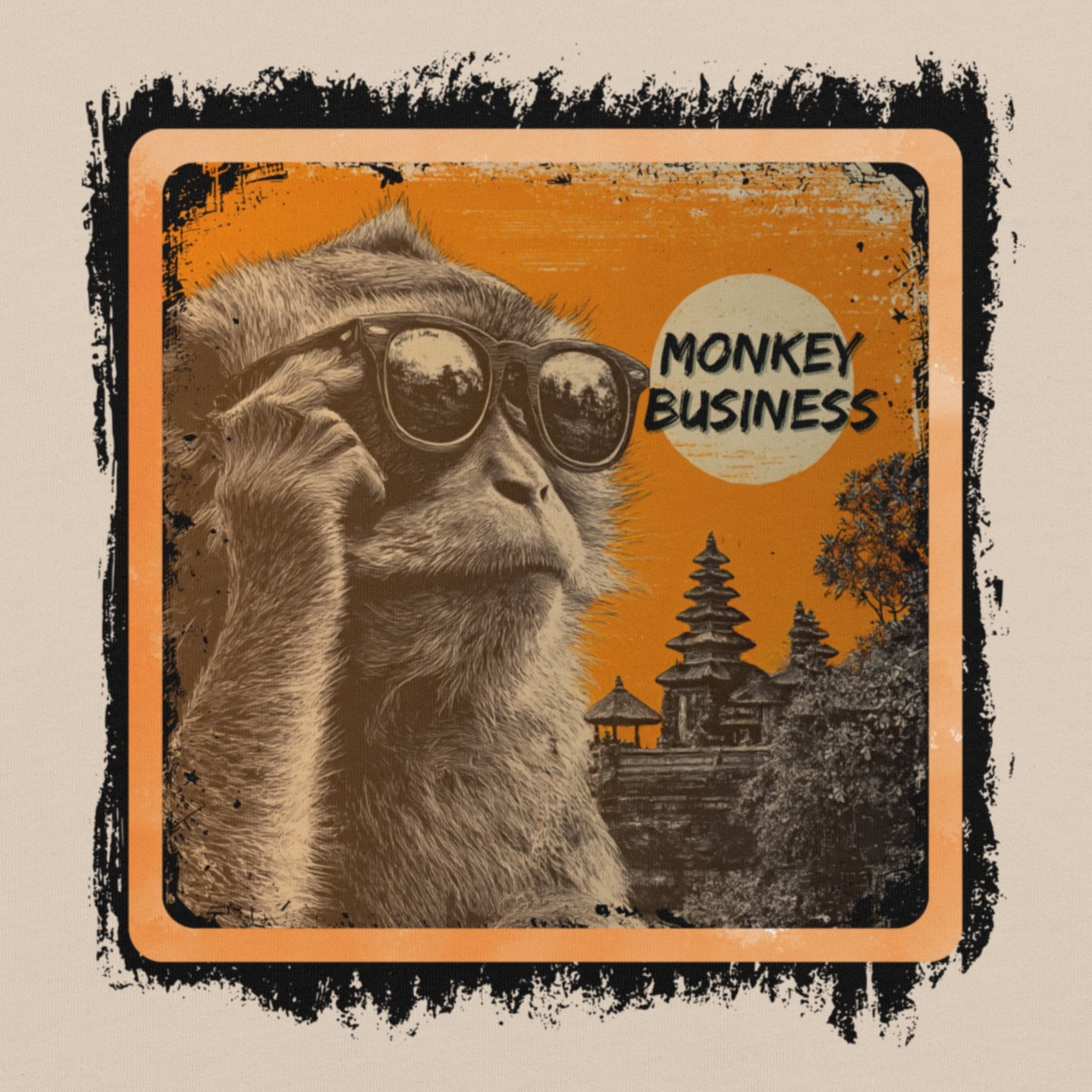 Close-up DTG print Bella+Canvas 3001 soft unisex Bali macaque shirt