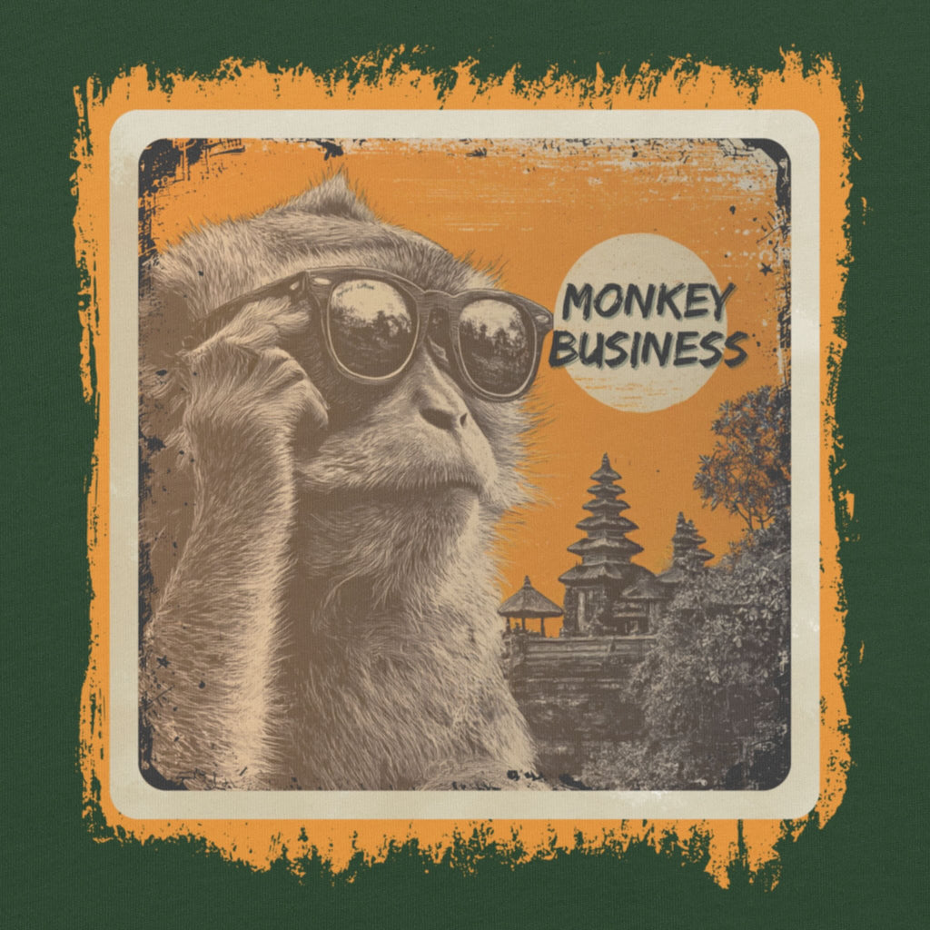 Close-up DTG print Bella+Canvas 3001 soft unisex Bali macaque shirt