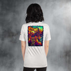 Morning Rebels Dawn Dynasty Bali Rooster back print T-shirt on a woman standing in a studio with grey walls