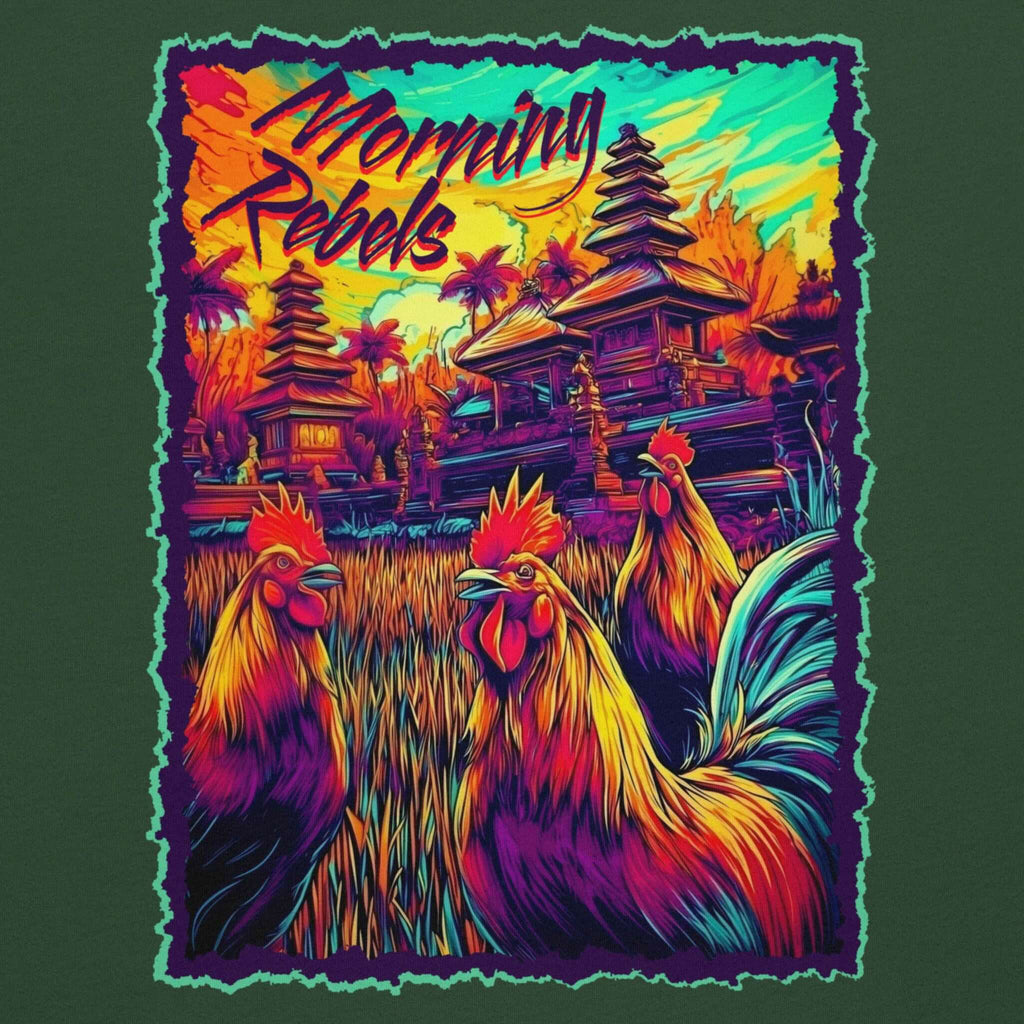 Bella+Canvas 3001 unisex DTF back print  of vibrant balinese roosters T-shirt