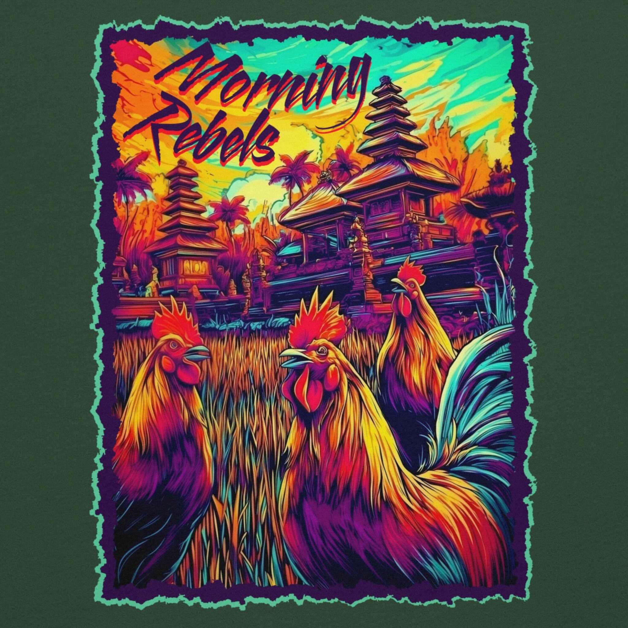 Bella+Canvas 3001 unisex DTF back print  of vibrant balinese roosters T-shirt