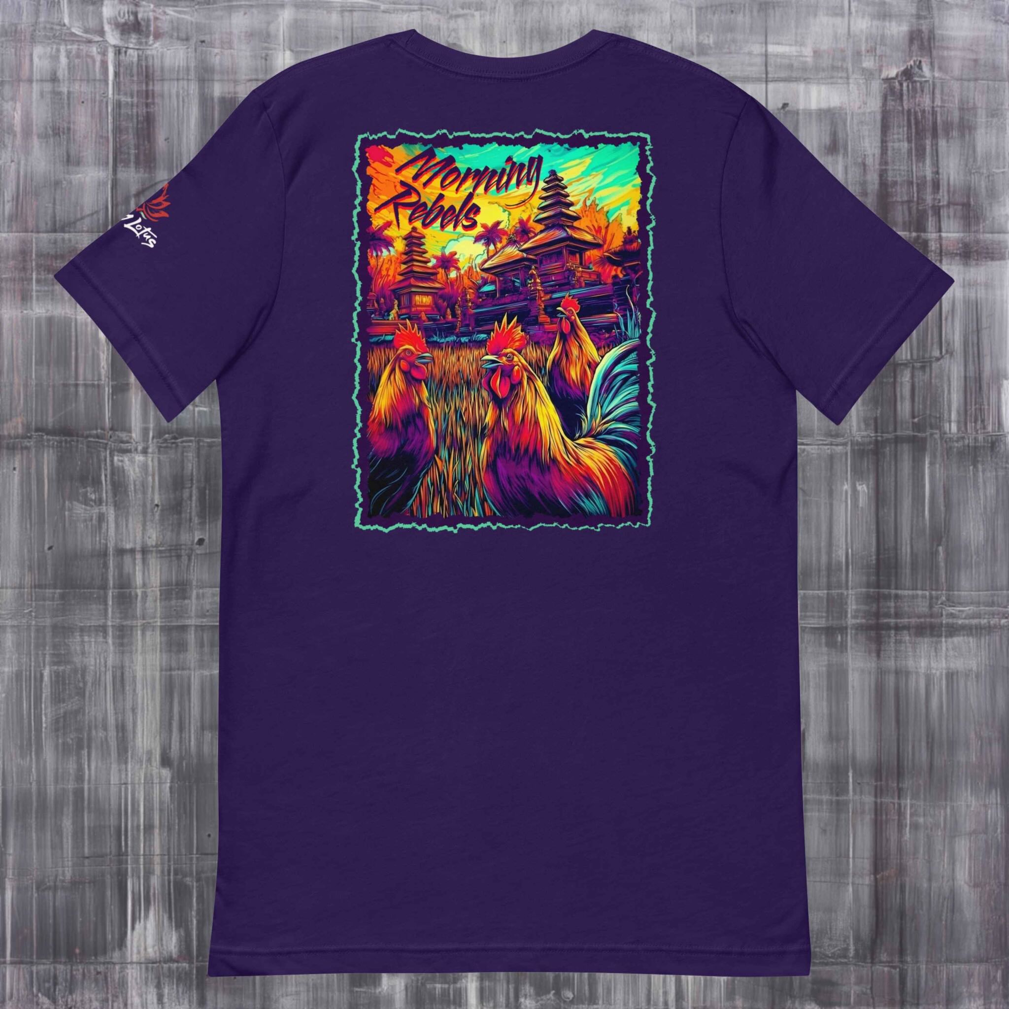 Back Morning Rebels Dawn Dynasty Bali Rooster flatlay T-shirt