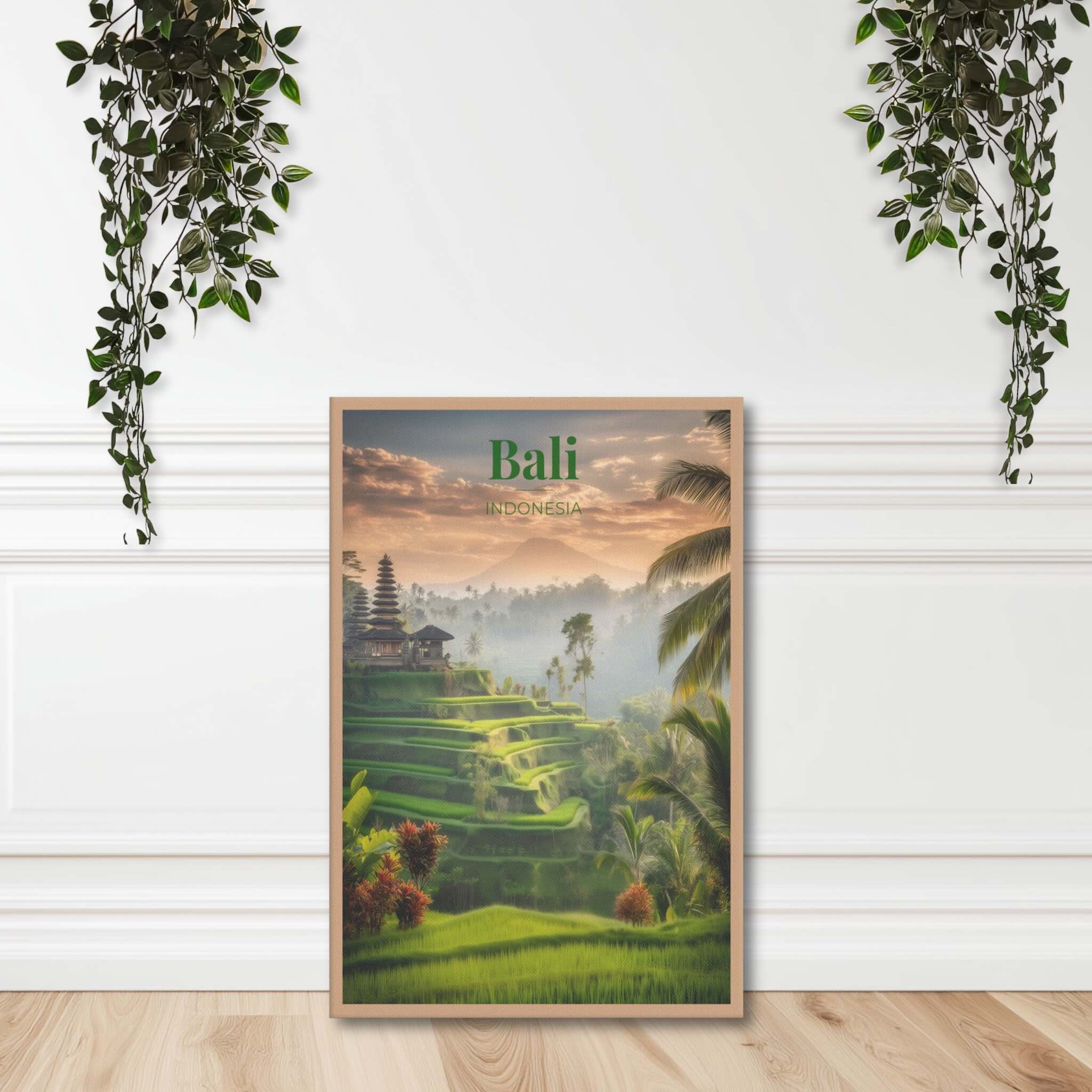 Tropical Bali landscape art print with morning mist and palm trees standing