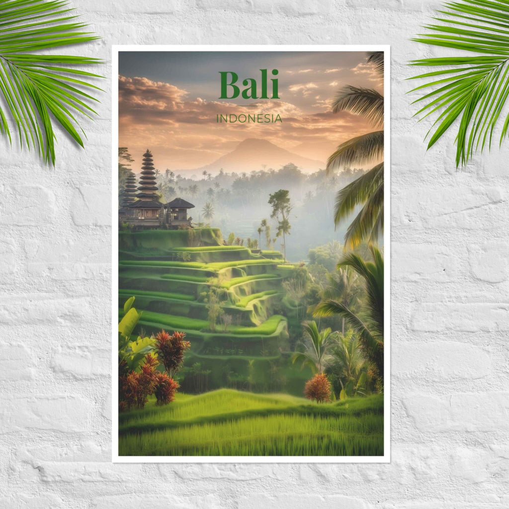 Mount Agung poster with Bali rice terraces and sacred temple