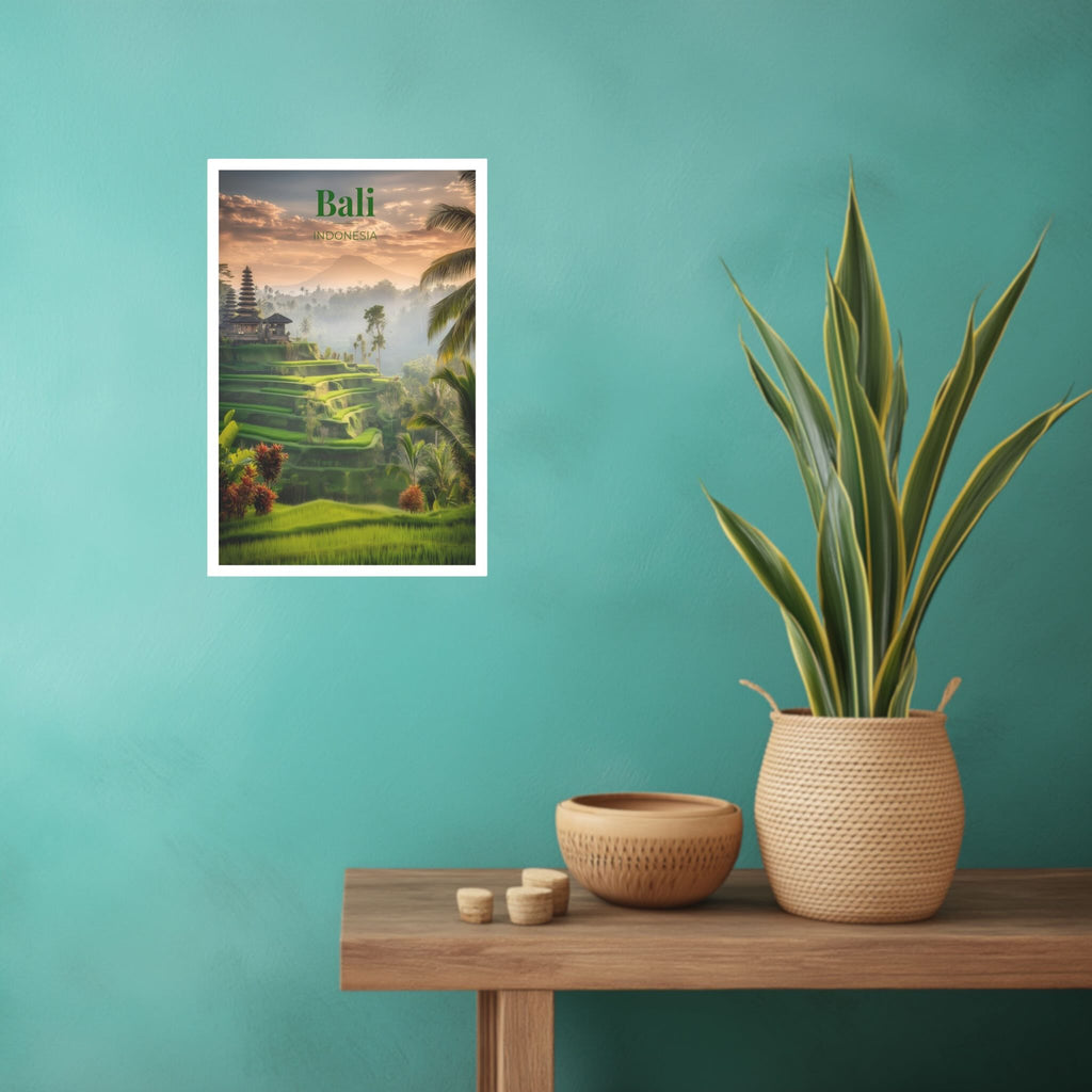 Emerald rice fields with Mount Agung in misty dawn scenery