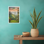 Emerald rice fields with Mount Agung in misty dawn scenery