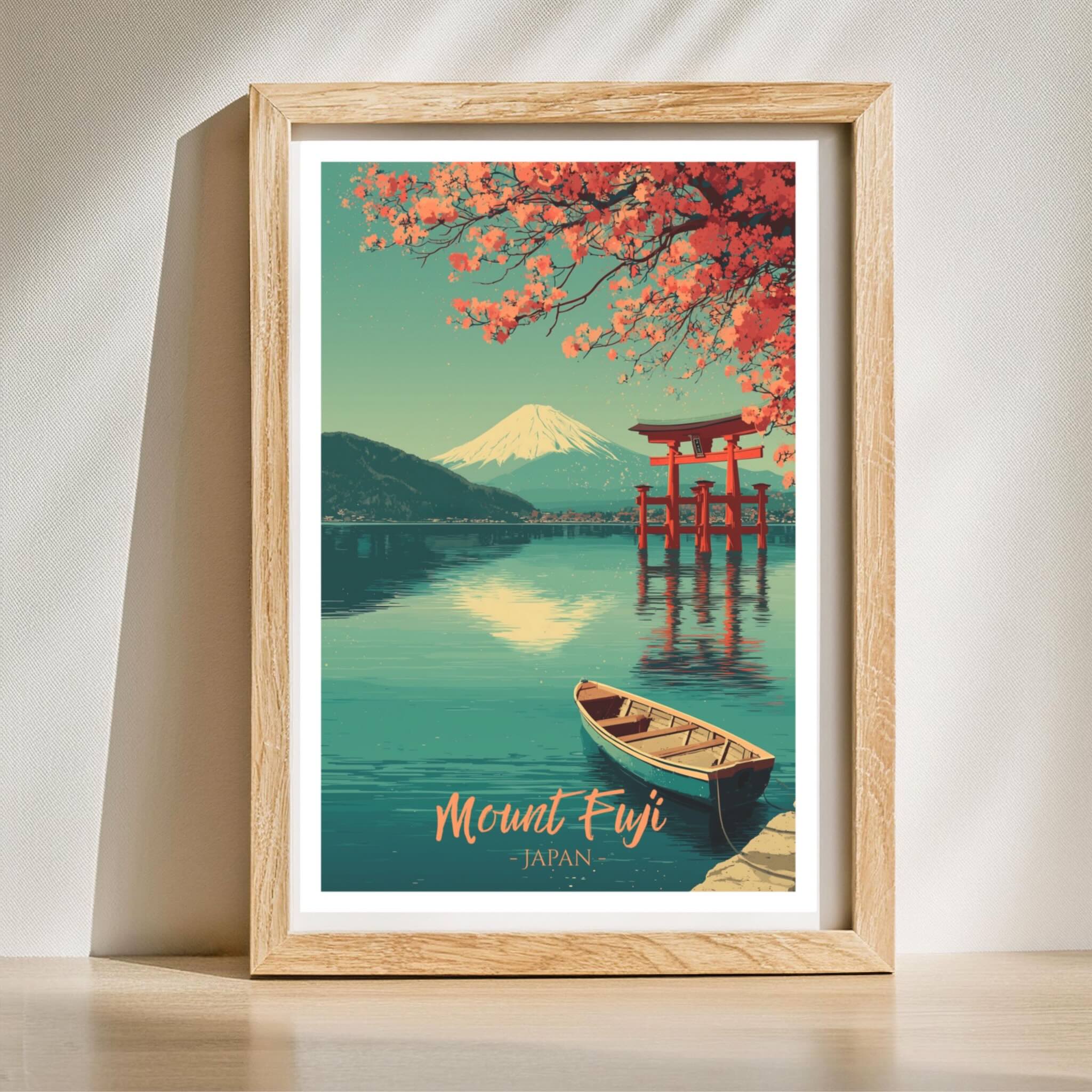 Japanese Sakura blossom lake art print with Mount Fuji in vertical format wooden frame