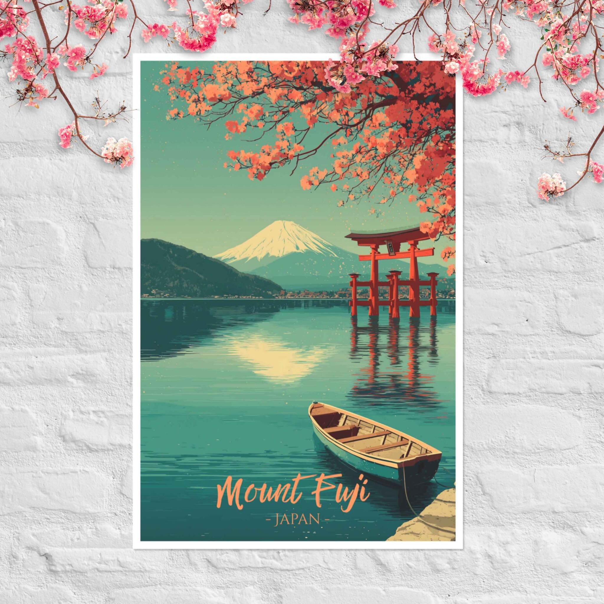 Mount Fuji poster with red Torii gate reflected on calm lake