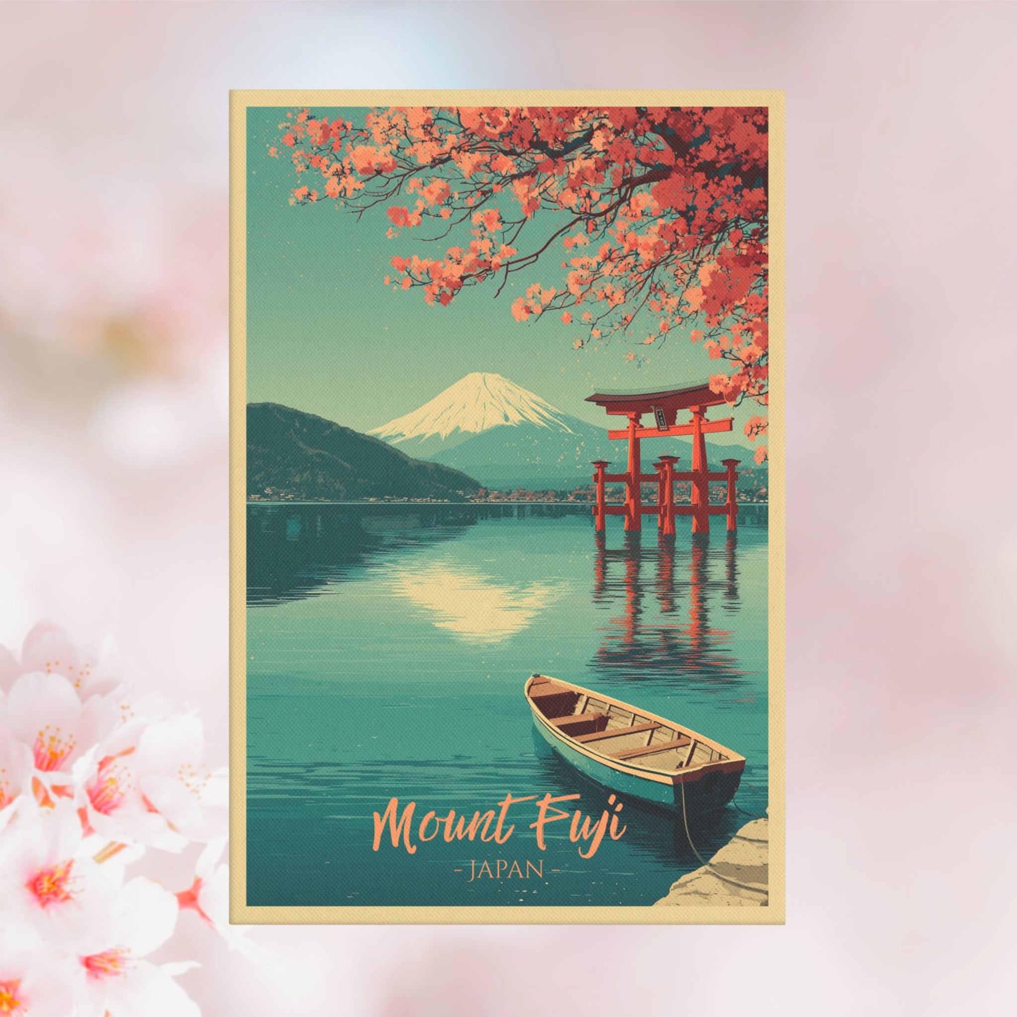 Mount Fuji canvas with red Torii gate on calm lake