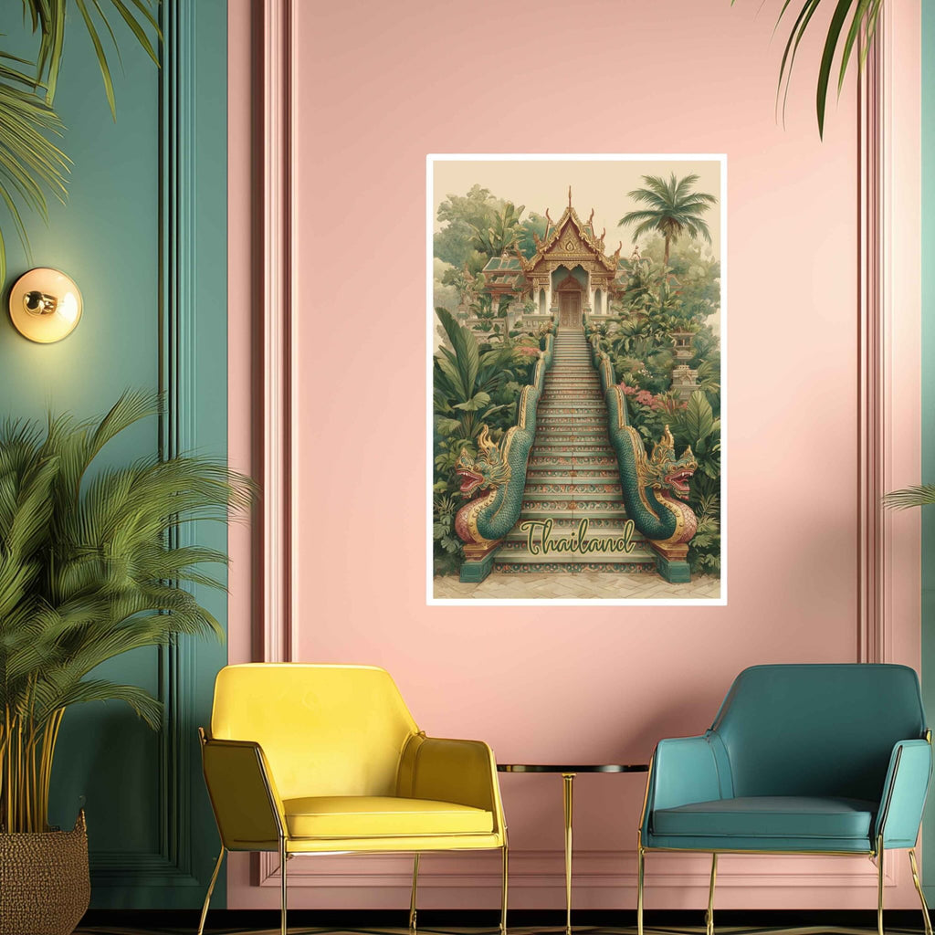 Decorative wall art of a temple staircase on a pink wall with two chairs below.